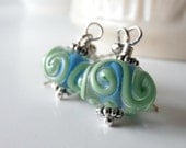 Lampwork Earrings Glass Bead Dangles Blue and Green Swirl Antiqued Silver Beaded Drops Lampwork Jewelry Handmade Gifts for Her Under 25