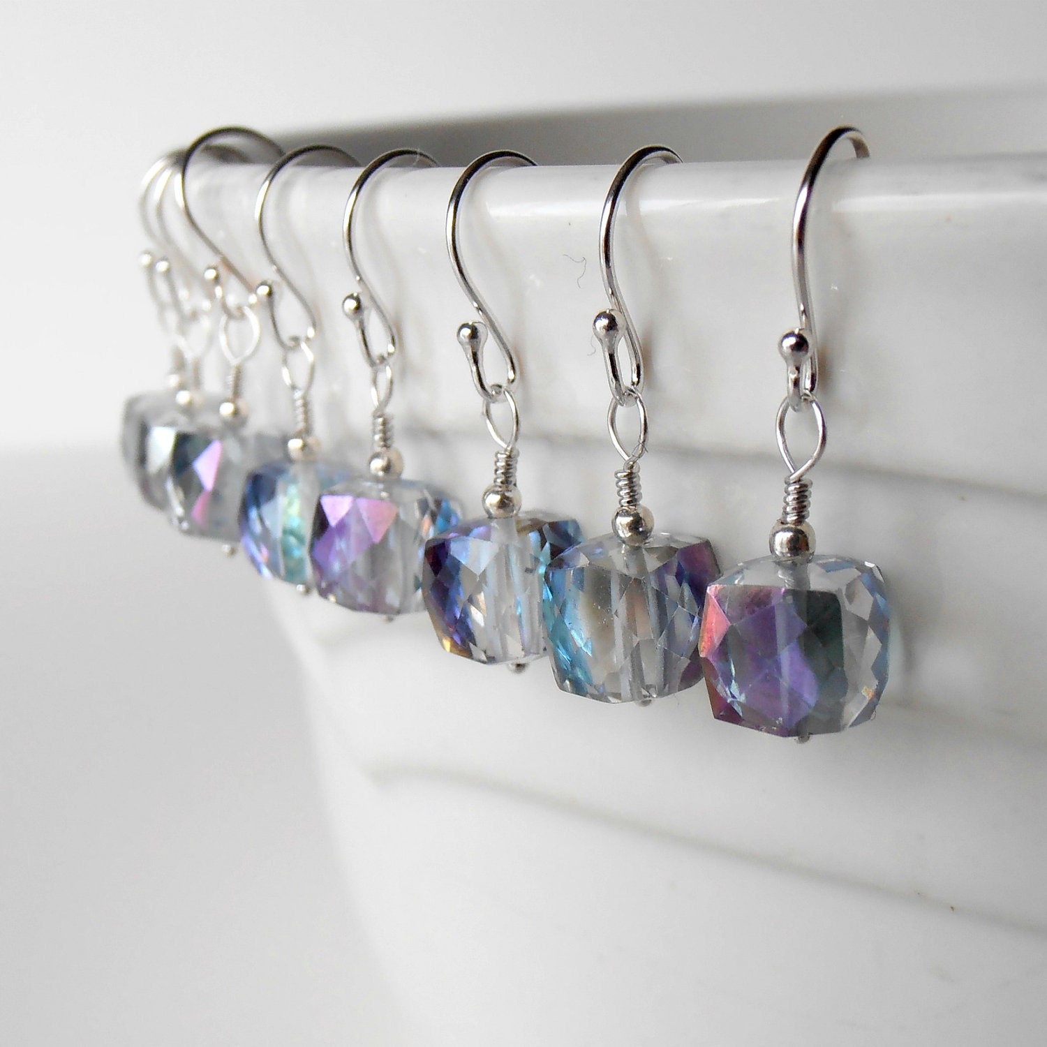 Mystic Quartz Earrings Small Gemstone Dangle Earrings in Sterling Silver Blue Faceted Semi Precious Stone Drops Beaded Jewelry Handmade