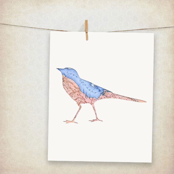 state bird of new york bluebird map bird - 10x8" print