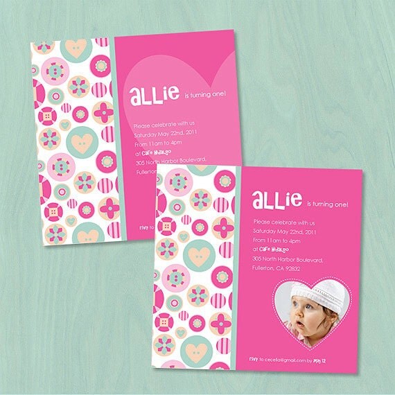 Custom Cute as a Button Pink and Green Birthday Party Invitation Il_570xn