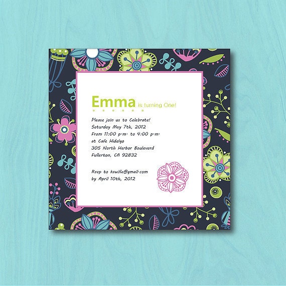Custom Gathered Blooms Flowers Navy Colorful Birthday Party Invitation Il_570xn