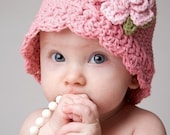 Baby hat, girls pink crochet hat, Pink Flapper Beanie,  classic rose with pastel pink flower 2T-4T