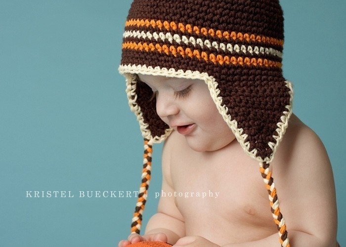 Chocolate Brown Earflap Beanie with Orange and Cream Stripes months toddler baby