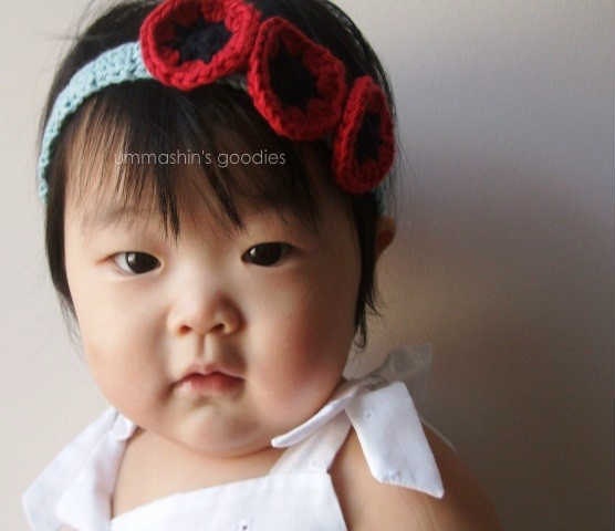 Baby Girl Crochet Flower Headband - Modern Poppy - red, black, soft teal blue