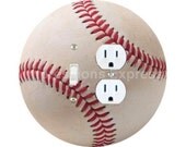 White Baseball Toggle Switch and Duplex Outlet Double Plate Cover