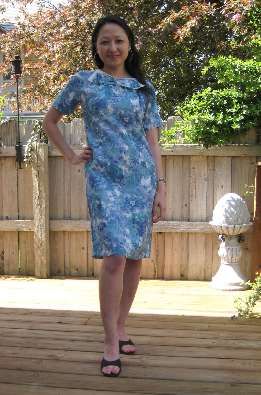 vintage 60's dress blue floral big bow collar