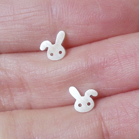 mini bunny rabbit earring studs with floppy ear, handmade in sterling silver