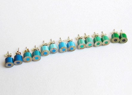 color pencil ear studs, the green and blue series, handmade in England