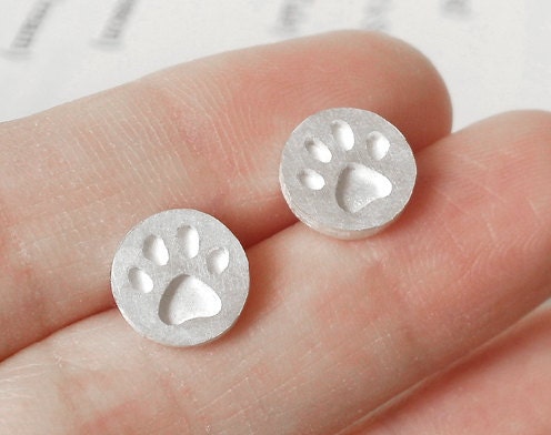 sterling silver dog paw print earring studs version 1, handmade in the UK