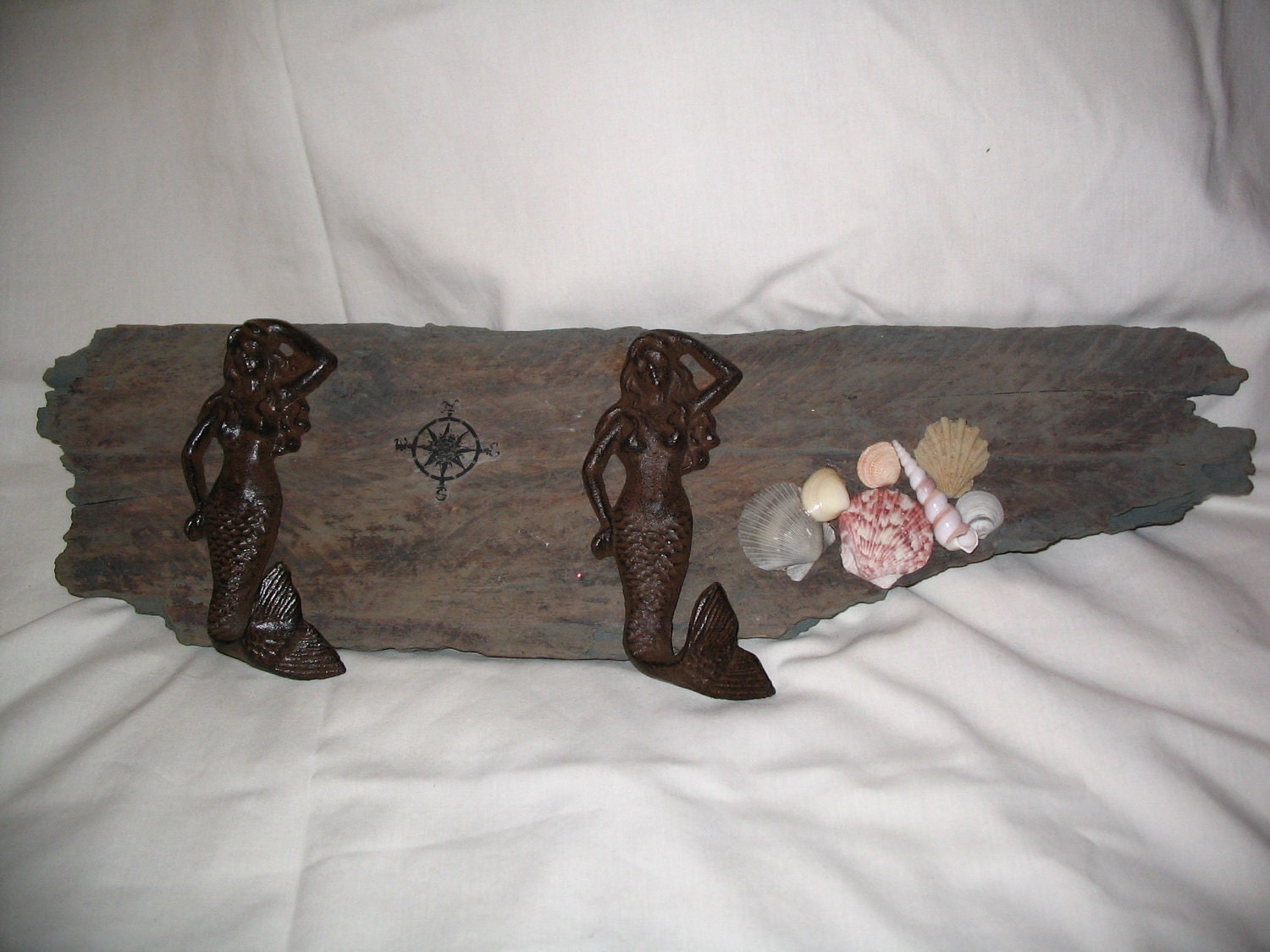 Cast Iron Mermaid Hooks on Distressed Re-claimed, Upcycled Barn Wood Wall Decor Jewelry Holder Towel Holder
