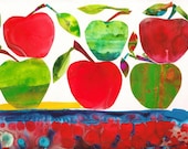nursery art- apple art print- bright watercolor  - children- red