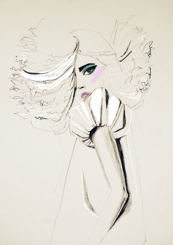 fashion illustration, fashion art, Pale, Cream, makeup, big hair print