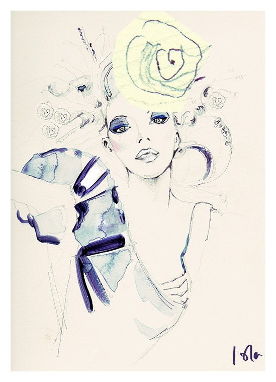 blue fashion illustration print vintage shabby chic