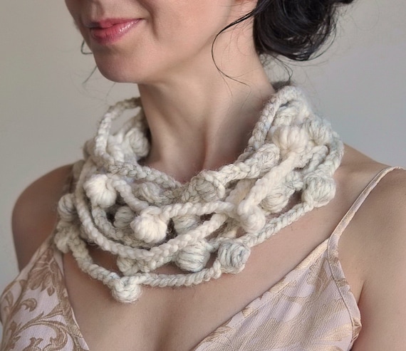 We Can Get Wild - freeform crocheted fiber necklace in natural cream shades - eco-fashion