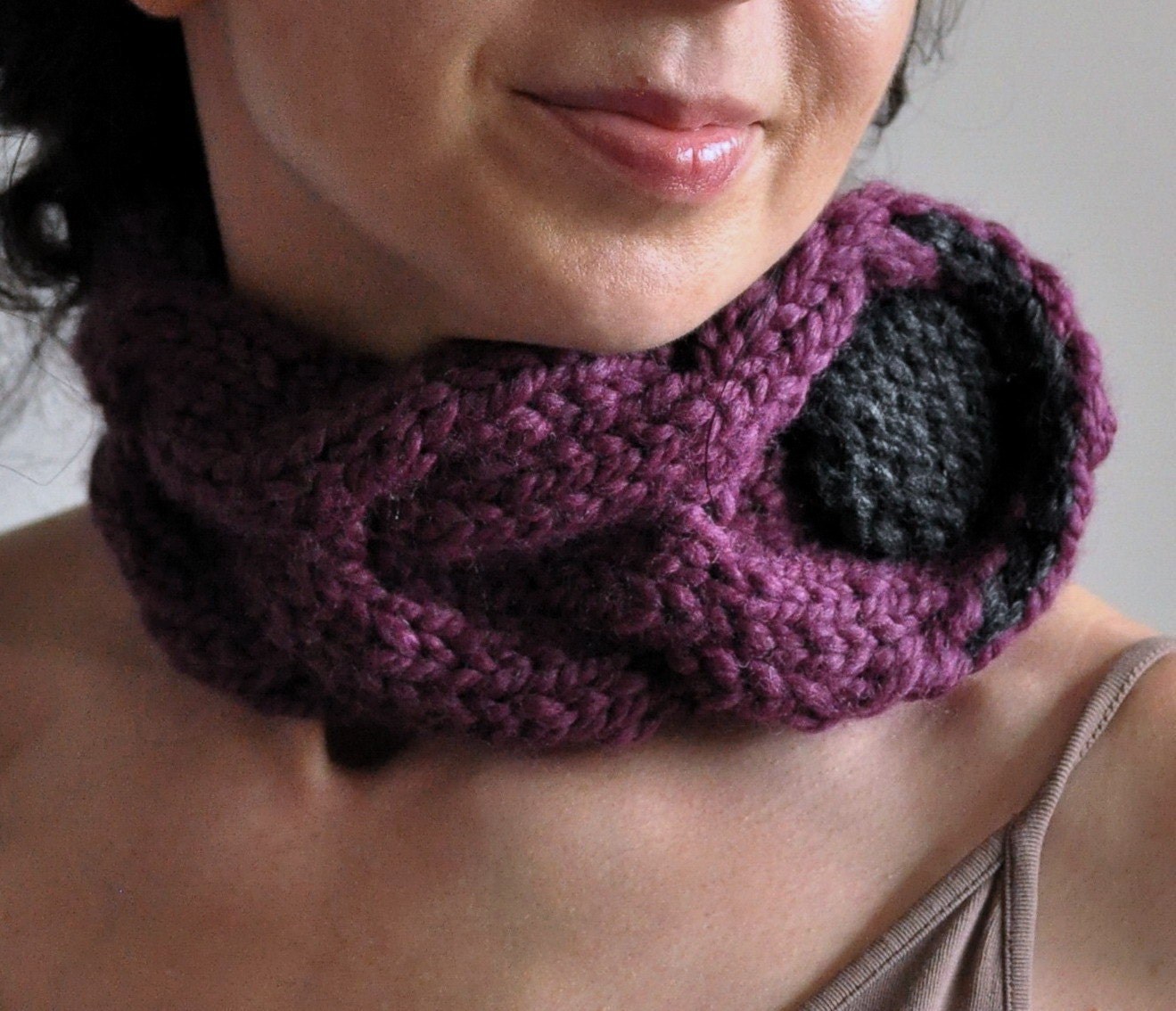 Purple Fantasy - handknit cabled chunky designer neckwarmer / collar / choker with huge button in purple and dark grey - Gift under 50