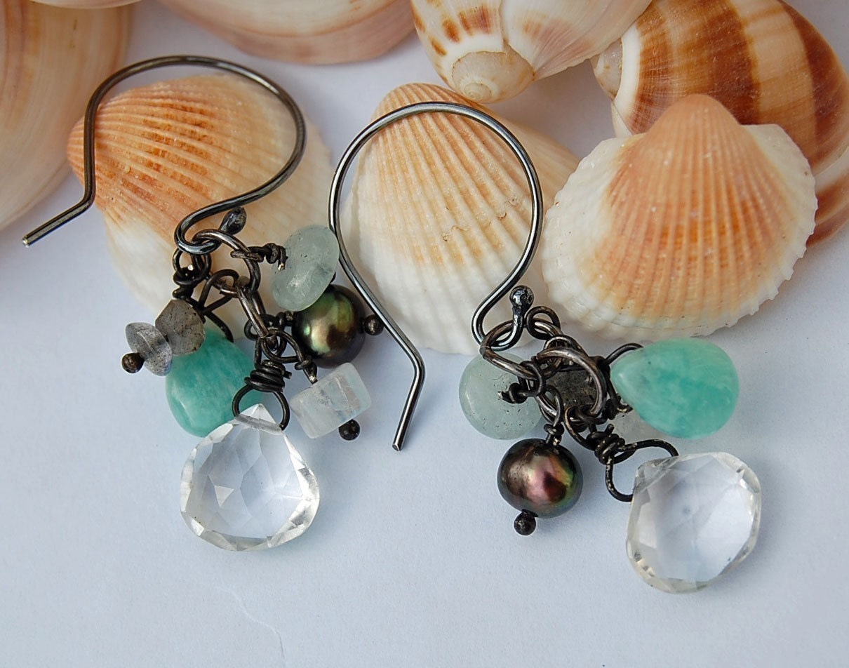 Isle Earrings - Amazonite, Labradorite, Quartz, Rainbow Moonstone, Pearl, and Amazonite - by  Last Day of Forever Designs