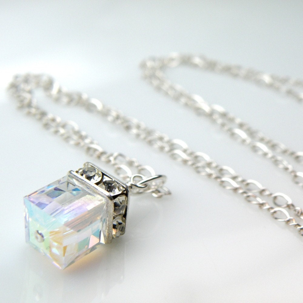 Crystal Necklace, Sterling Silver, Cube Pendant, Bridesmaid Gift, Modern, Handmade Bridal Wedding Jewelry