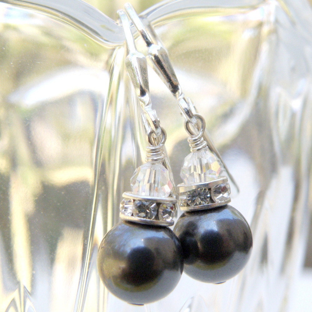 Drop Pearl Earrings, Charcoal Gray, Black Pearl, Wedding, Custom, Handcrafted Bridal Jewelry