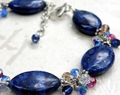 Lapis Lazuli Bracelet, Blue Stone, Statement, Crystal Dangles, Sterling Silver, Handmade Jewelry, Winter