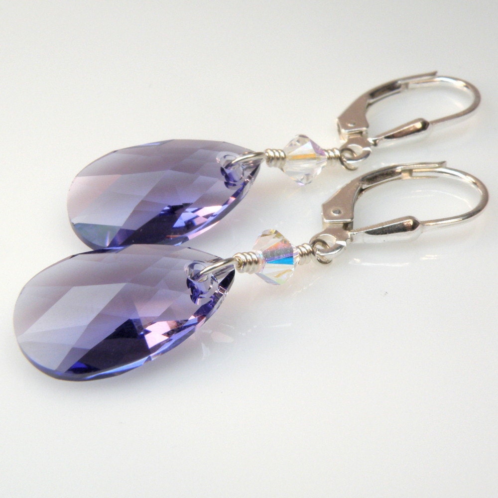 Tanzanite Purple Crystal Earrings, Teardrop, Dangle, Handmade Wedding Jewelry