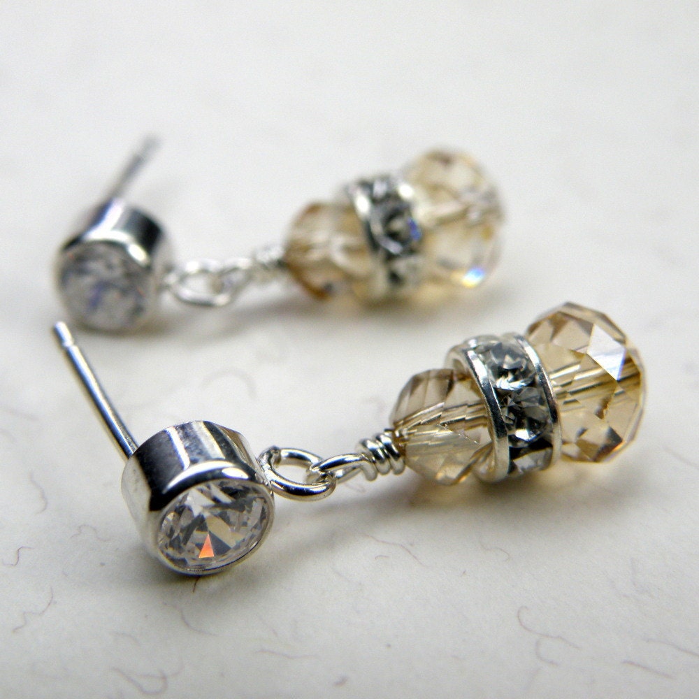 Champagne Crystal Earrings, Petite, Drop, Sterling Silver, Posts, Wedding, Handmade Jewelry