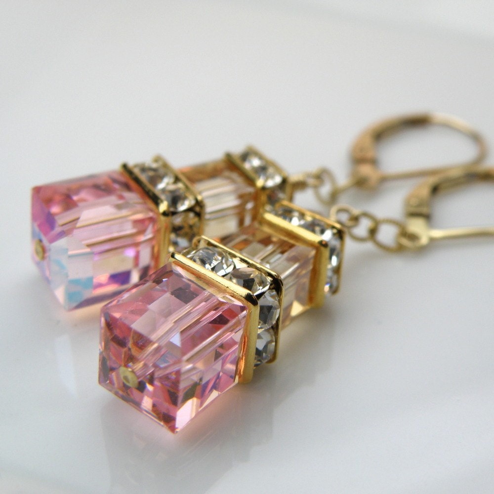 Pink Champagne Earrings, Gold Filled, Dangle, Bridesmaid, Wedding, Handmade Jewelry, Spring Fashion
