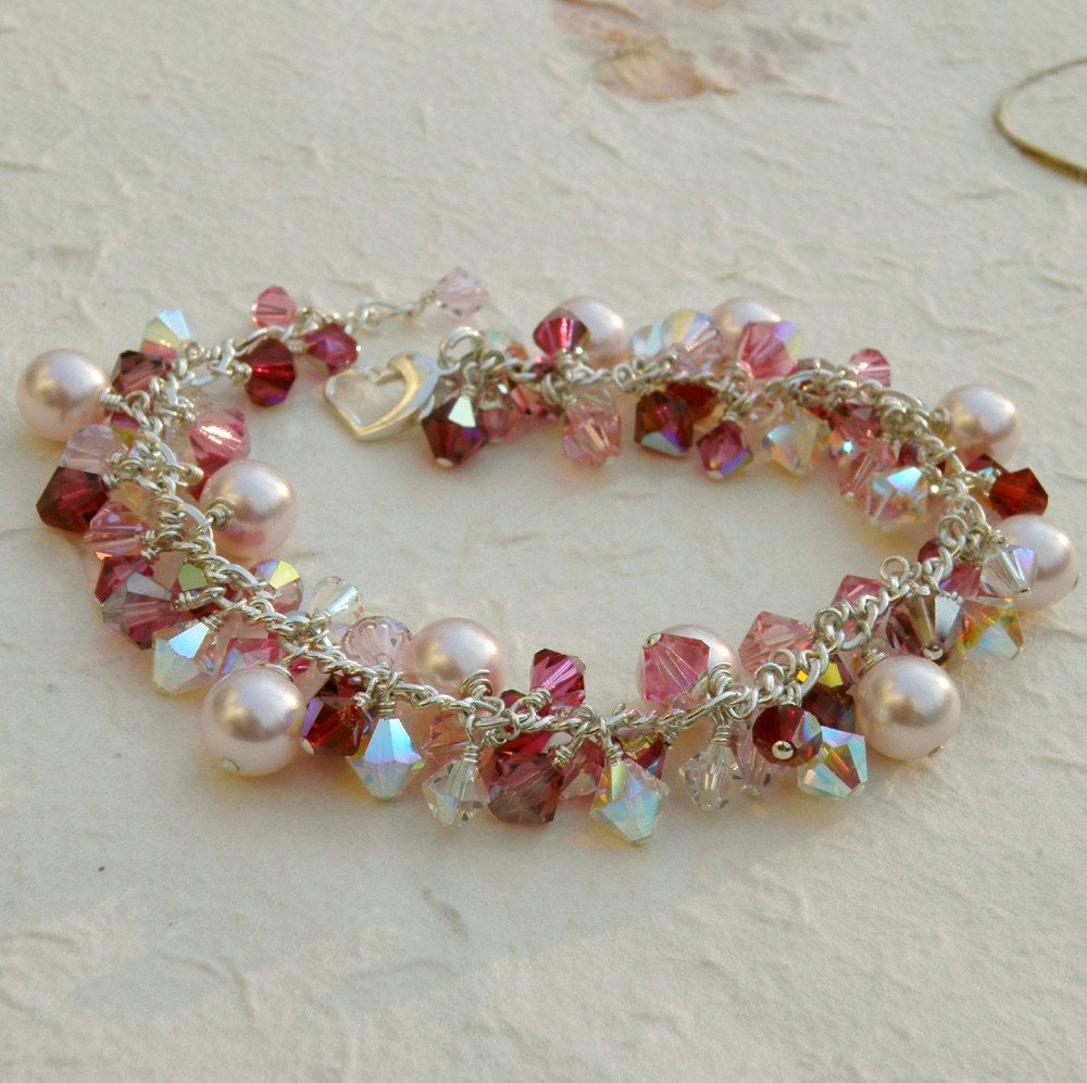 Pink Pearl Bracelet, Swarovski, Ruby and Rose Crystal, Sterling Silver, Wedding, Handmade Valentine Jewelry