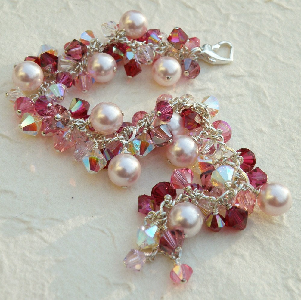 Pink Pearl Bracelet, Swarovski, Ruby and Rose Crystal, Sterling Silver, Wedding, Handmade Valentine Jewelry
