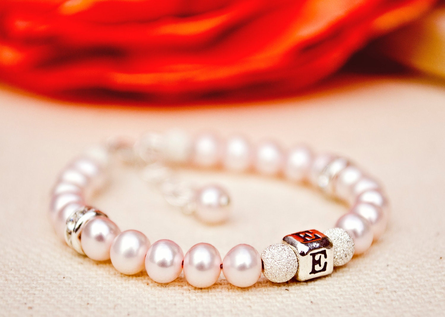 Eliza ... pale pink freshwater pearl baby newborn girl toddler initial monogram bracelet