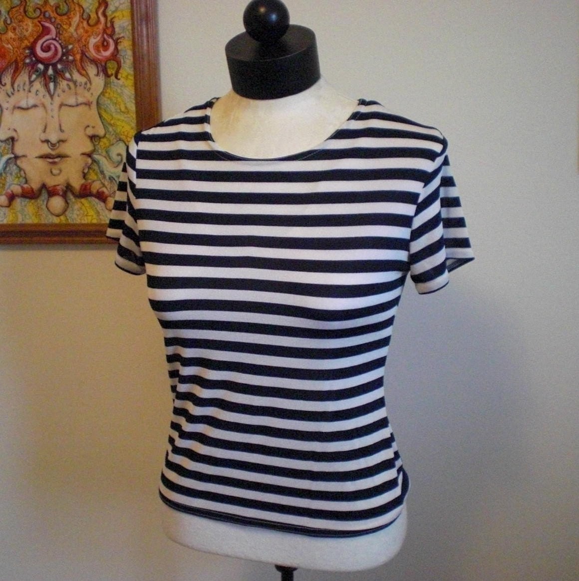 SALE Black & White Stripe Tee w/ Gold Bling Boombox Screenprint Hand Printed Sailor Top Medium M Funky OOAK Retro Vintage Sexy Unique Gift