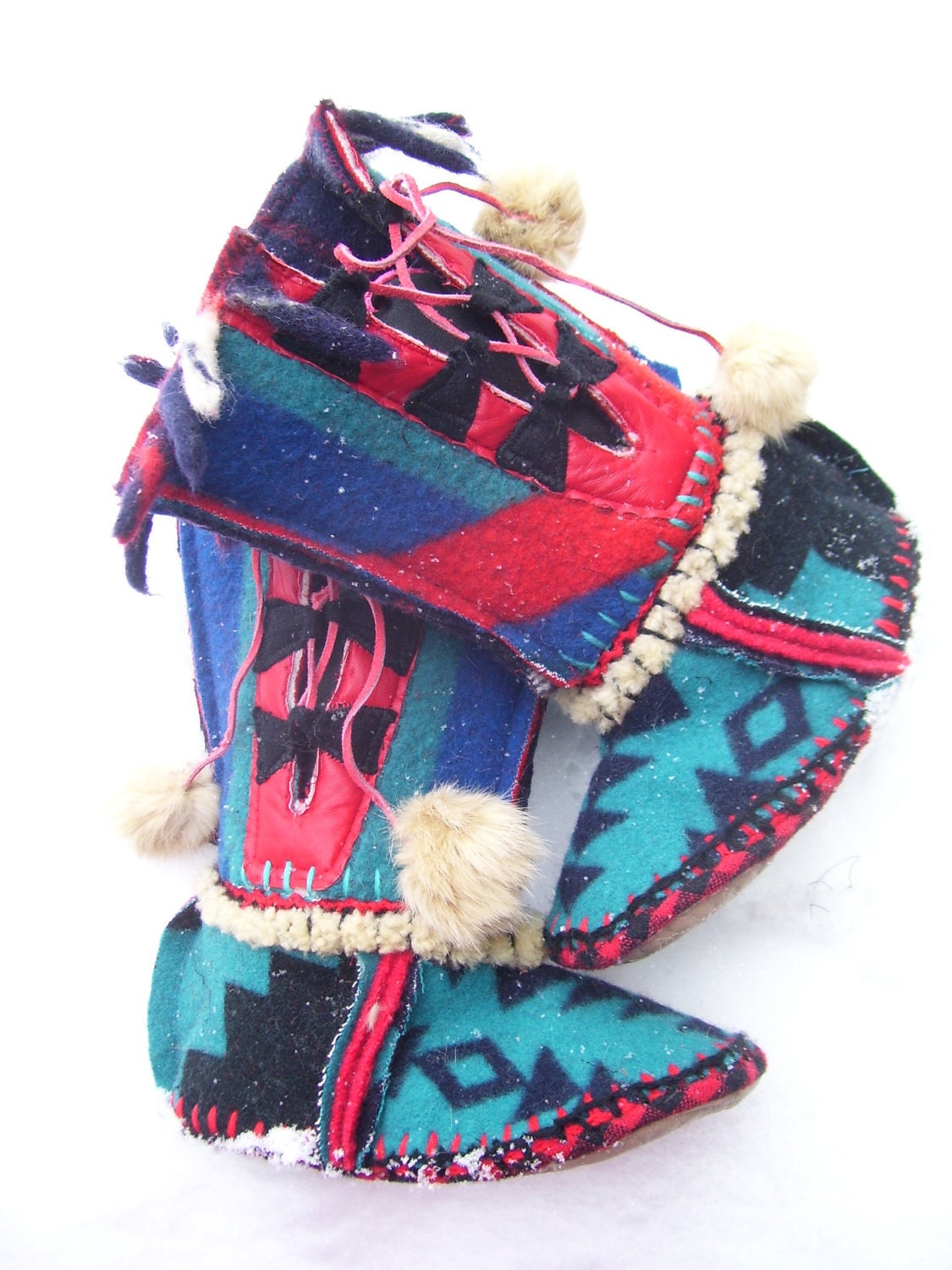 Cabin Fever - New Blues - Felted Blanket Wool Slipper Boots/ Wool Lined/ Sheepskin & Leather Soles - Made to Order