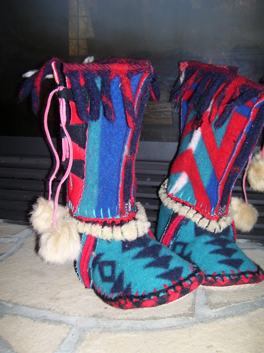 Cabin Fever - New Blues - Felted Blanket Wool Slipper Boots/ Wool Lined/ Sheepskin & Leather Soles - Made to Order