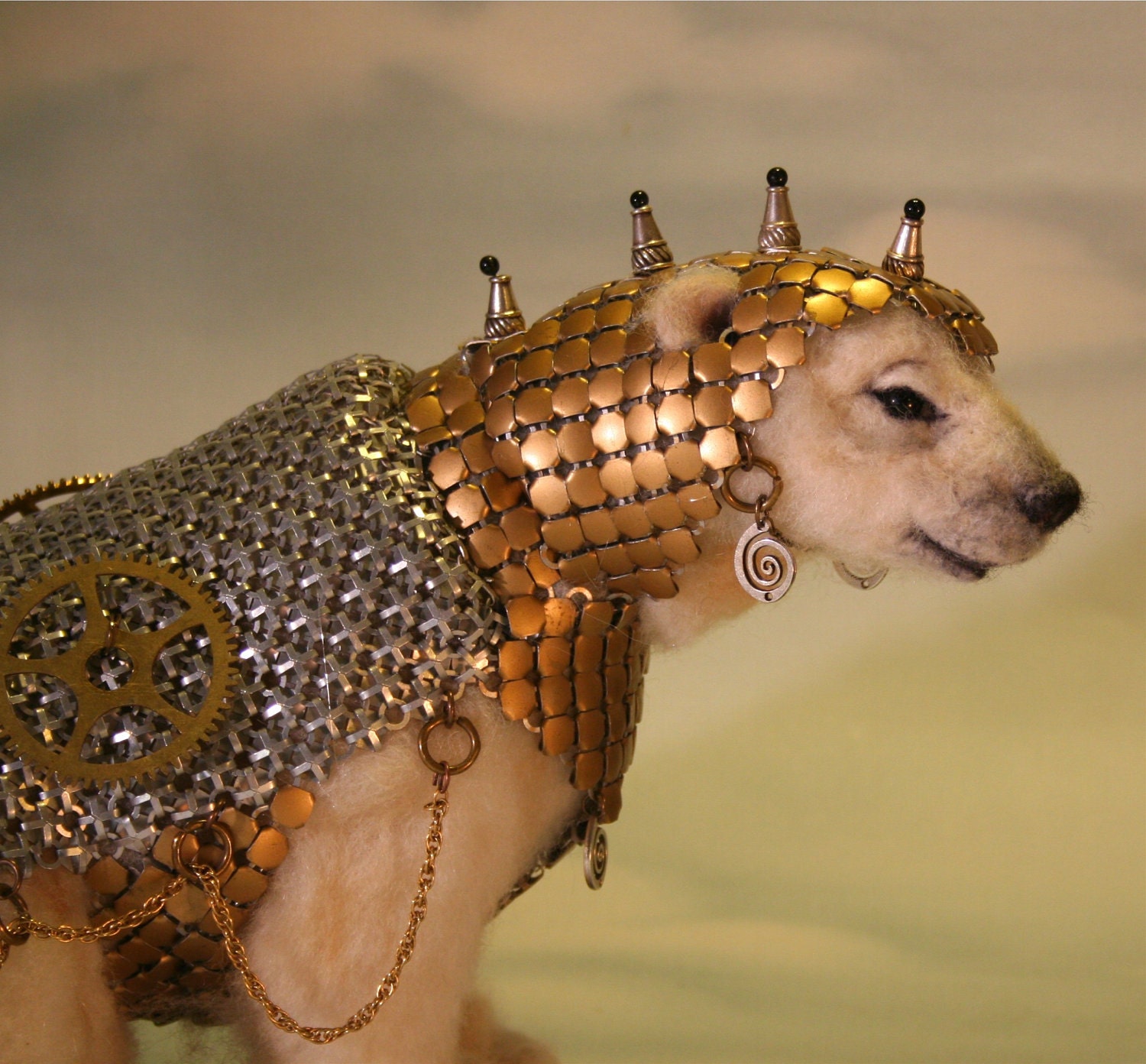 Alpaca Needle Felted Steampunk Panserbjorne Armored Ice Bear with Whiting & Davis Armor OOAK Artist Bear