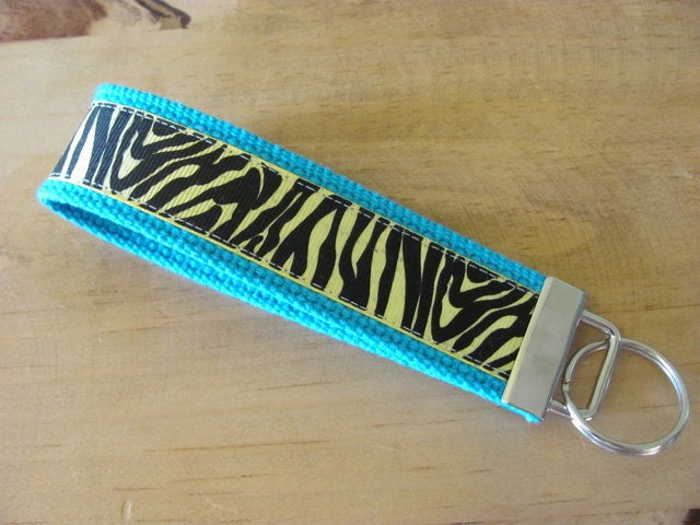 Mom-on-the-go Key Fob Wristlet - Key Chain - Blue with Yellow Zebra Ribbon