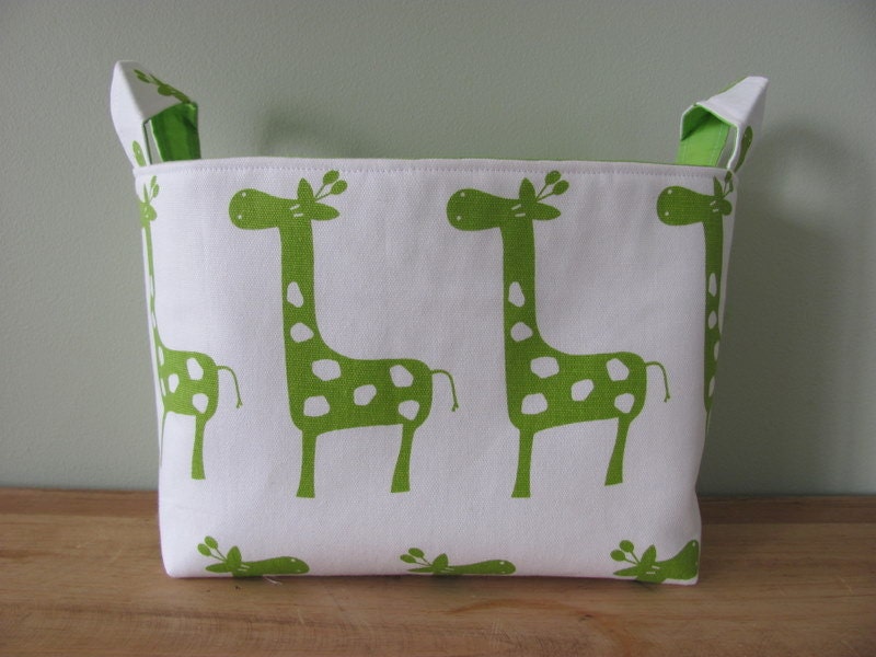 LARGE Fabric Organizer Basket Storage Container Bin - Size Large - Green/White Giraffe Canvas Fabric
