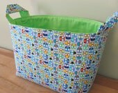 LARGE Fabric Organizer Basket Storage Container Bin - Size Large - Tiny Owls in Blue