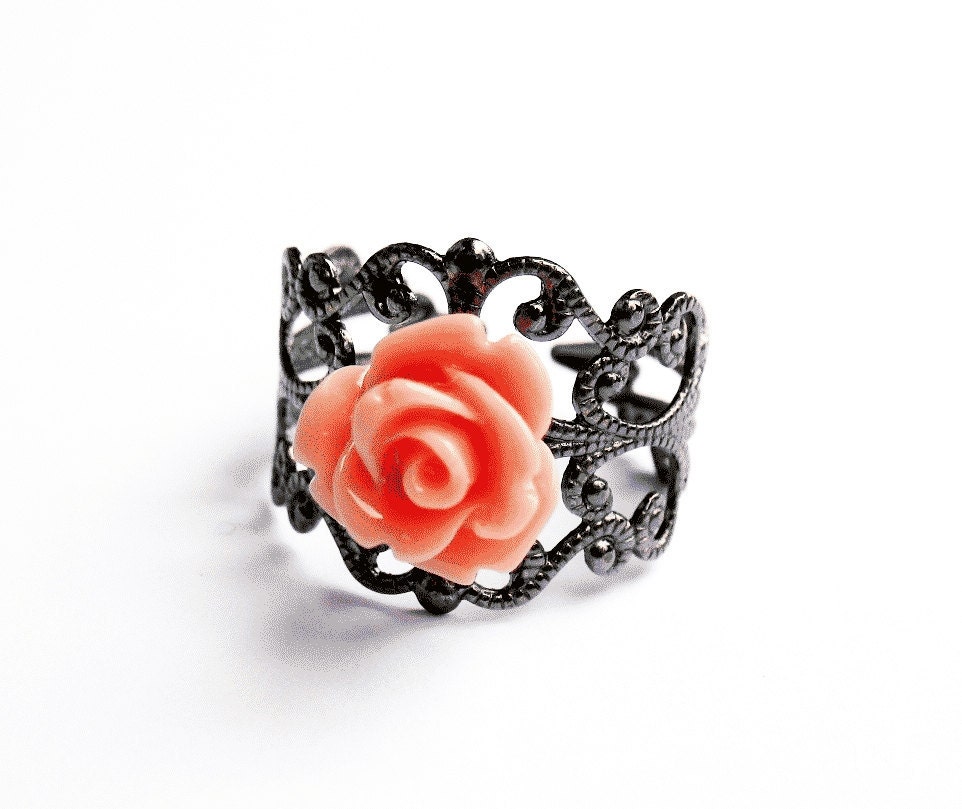 Filigree Flower Ring - Gunmetal Vintage-Style Filigree Ring with Small Shiny Lucite Rose, Adjustable - Vintage Pink