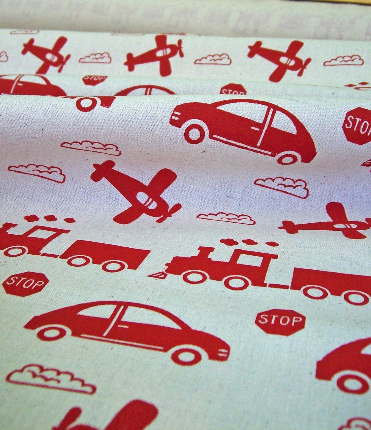 Wings & Wheels Handprinted Fabric - Red