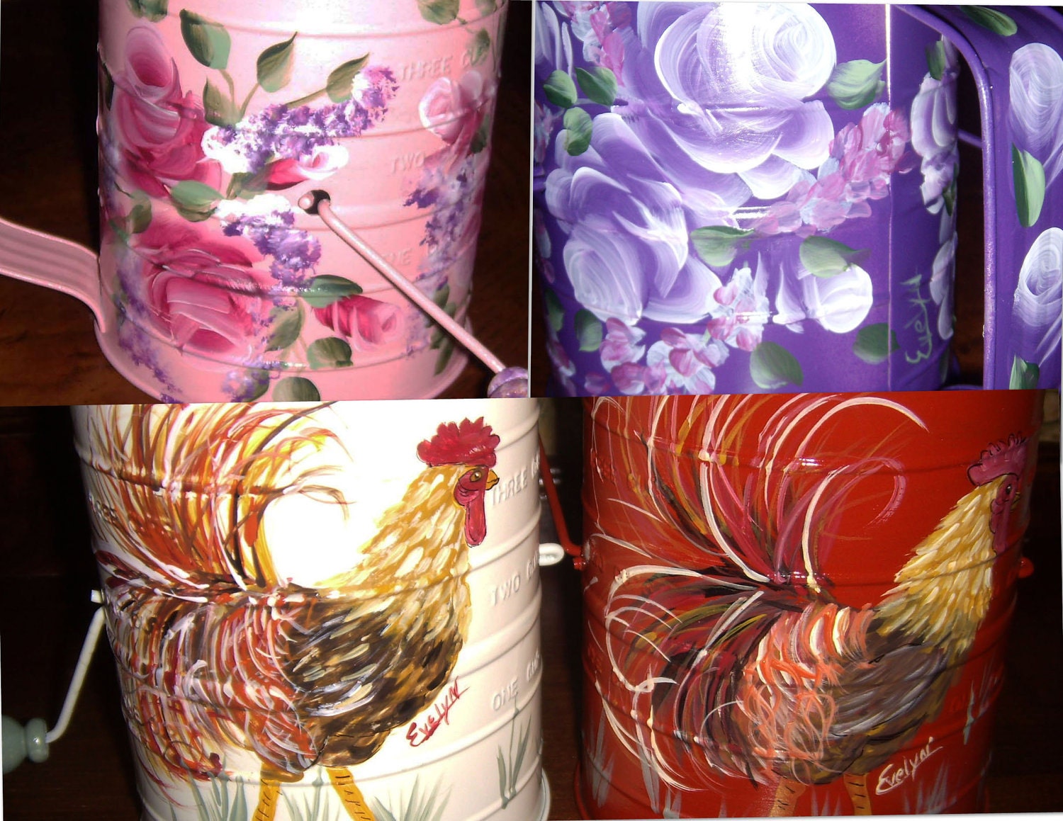 Custom Painted & Designed 3 cup Flour Sifters Chic Roses Shabby Roosters Floral Folk