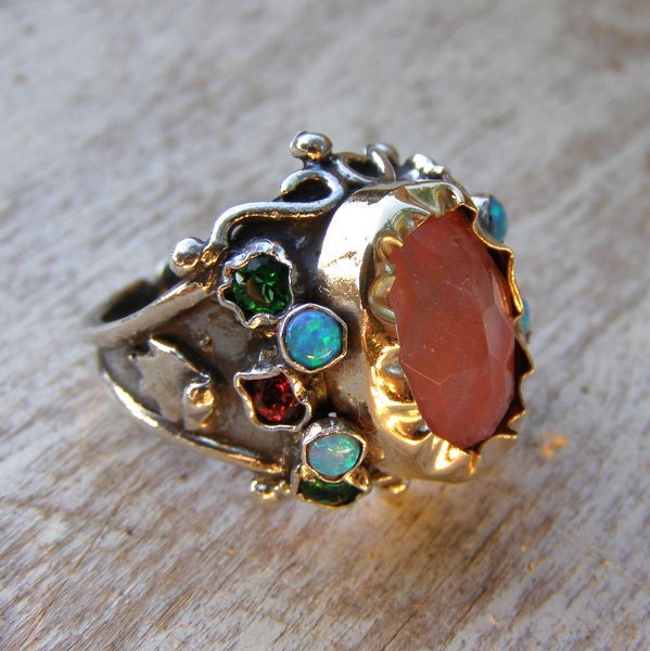 October Birthstone, Gold Silver Cherry Quarts Queen Ring, Handmade Jewelry, Vintage style Ring, Gemstone Jewelry, Opal Ring