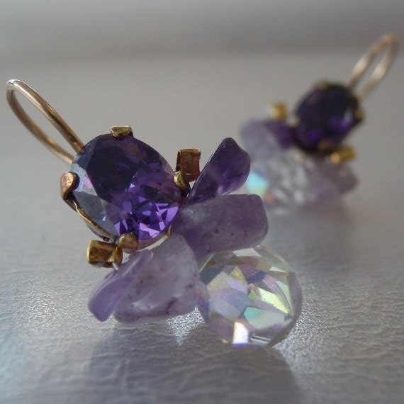 Purple Wedding, Purple Jewelry, Birthstone Jewelry, Amethyst Earrings, Bezel set Cubic Zirconia  Amethyst Bee Earrings, February Birthstone