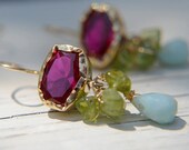 Peridot Earrings, Gold Earrings, Peridot Ruby Cubic Zirconia and 9K Solid Gold Eye earrings, August Birthstone, Peridot Jewelry