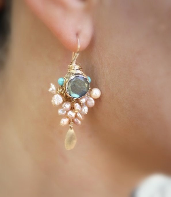 Pearl Jewelry, Goddess Earrings with Bezel set Labradorite and Pearls, Pearl Earrings, 14K gold filled and Pearl, Holiday Pearl Jewelry