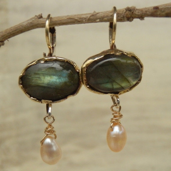 Solid Gold Earrings, 9K Gold Labradorite Pearl Drop Dangle Earrings, Gemstone Jewelry