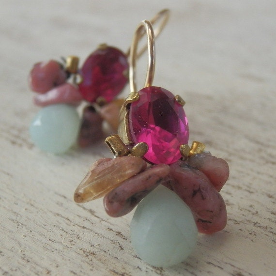 Pink Cubic Zirconia and Rhodonite Bee Earrings in Copper and 14K Gold Filled, Gemstones Earrings, Multi color Earrings