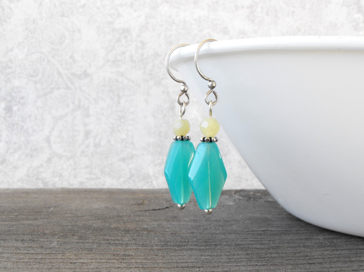 Aqua Yellow colorful glass and jade earrings