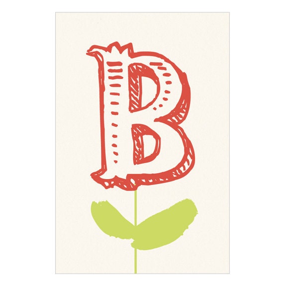 Whimsical Flower Initial Print - personalized baby nursery custom wall art