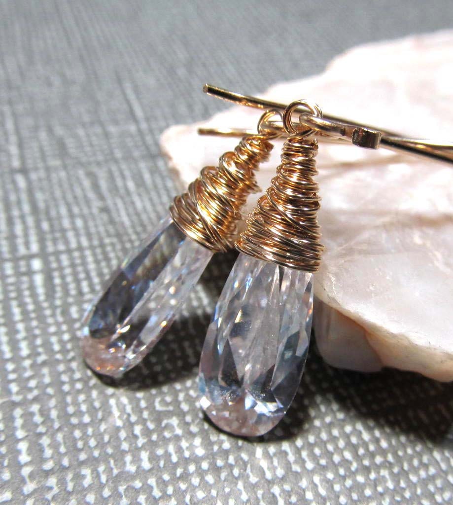14k Gold Filled Gemstone Dangle Earrings with Crystal Clear CZ