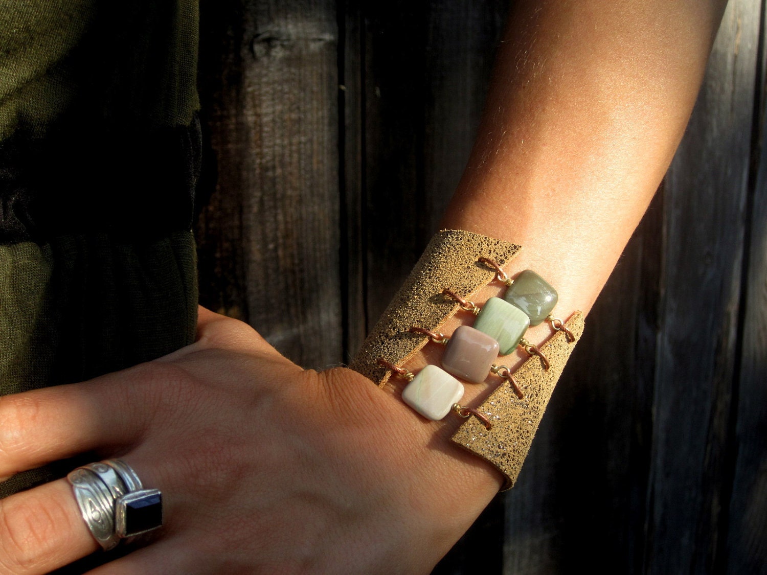Handmade Boho Leather and Gemstone Cuff Bracelet - Imperial Jasper