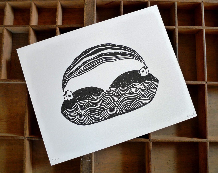 Two Houses Linocut Print - 8 x 10 inches